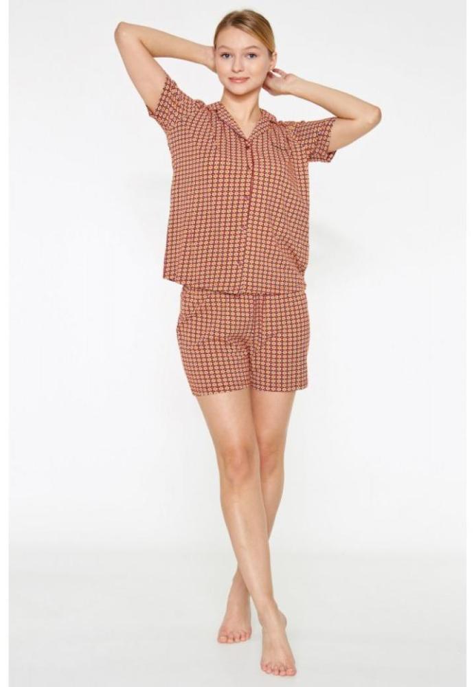 Pijama Dama,Bluza cu Mâneci Scurte și Pantaloni Scurți cu Elastic în Talie, Bordo,Engros